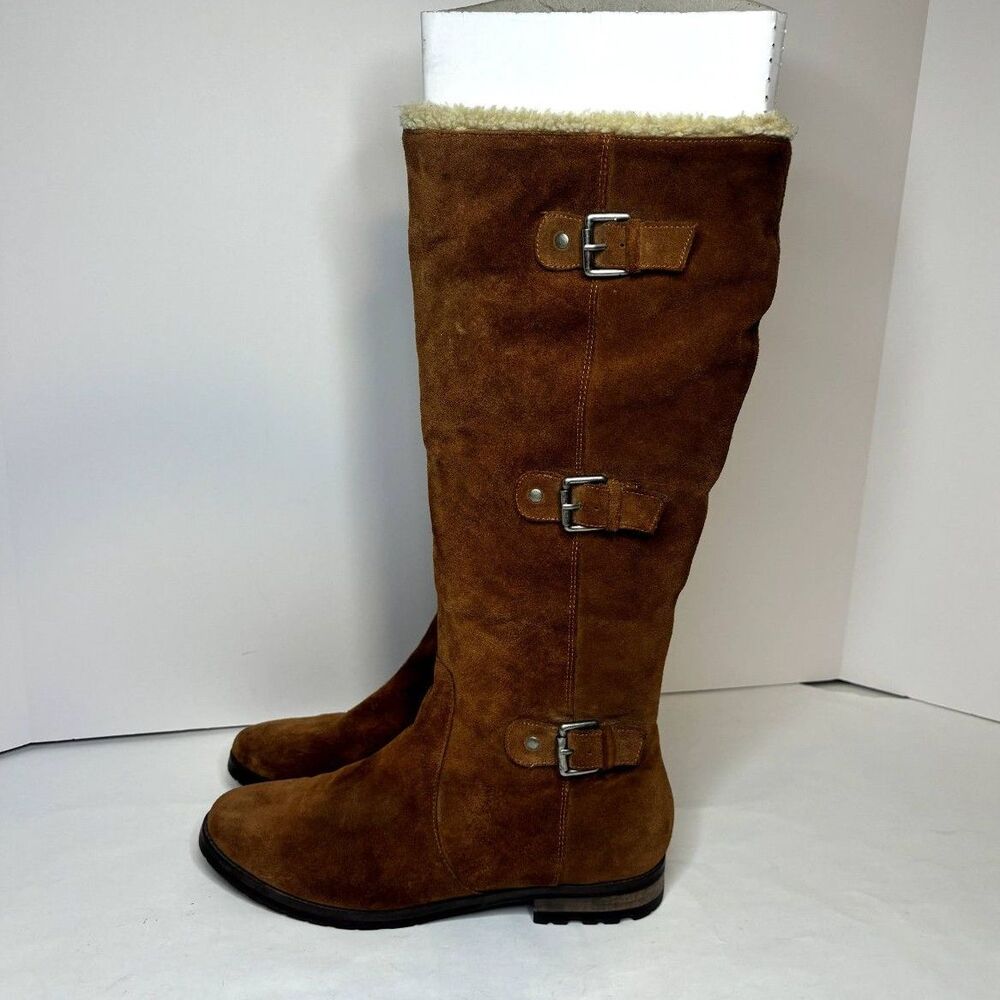Alfani Vermont Genuine Suede Leather Shearling Triple Buckle Riding Boots Women - Picture 3 of 9